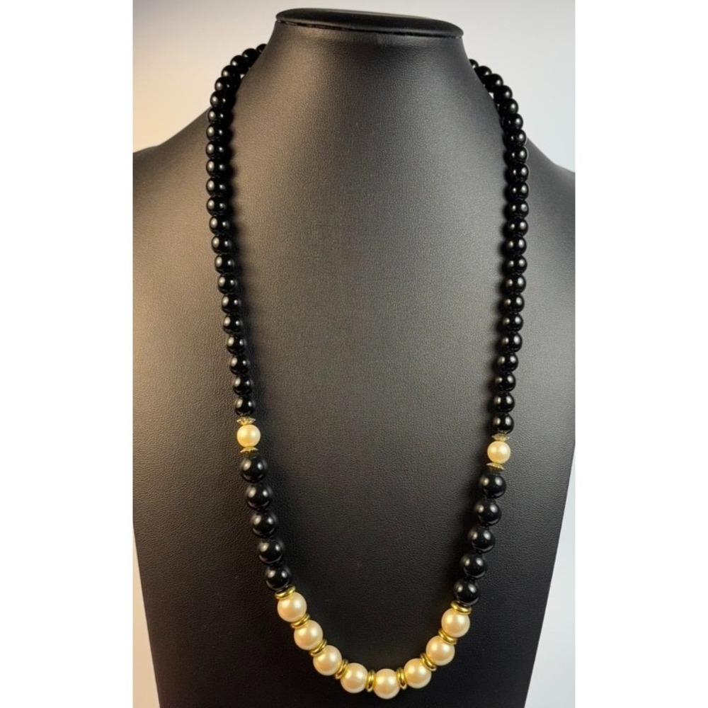 Necklace‎ Pearl Black Beads Elegant Goth Look Signed 1928 22 inches
